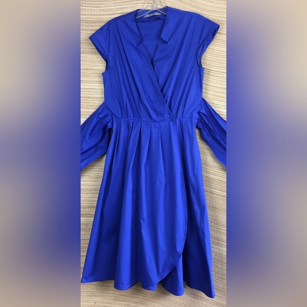 MARELLA Royal Blue Cotton Poplin Blend Notched Neck Wrap Midi Dress Size US 6 - Picture 10 of 14